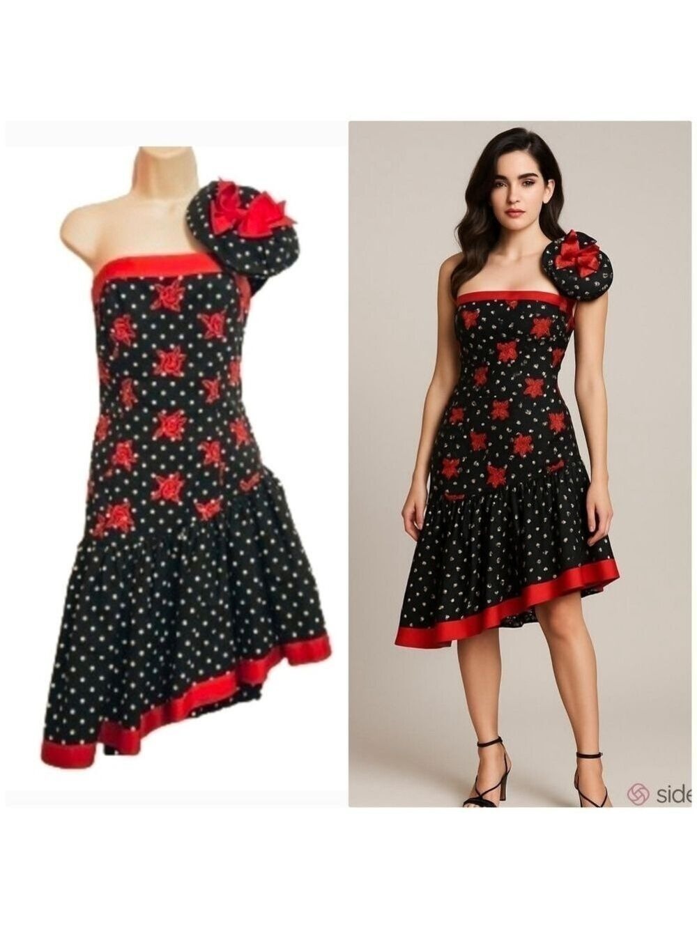 Victor Costa Black Red Floral Polka Dot One Shoulder Dress Small